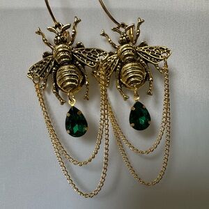 Gold Bee Earrings with Green Gemstone